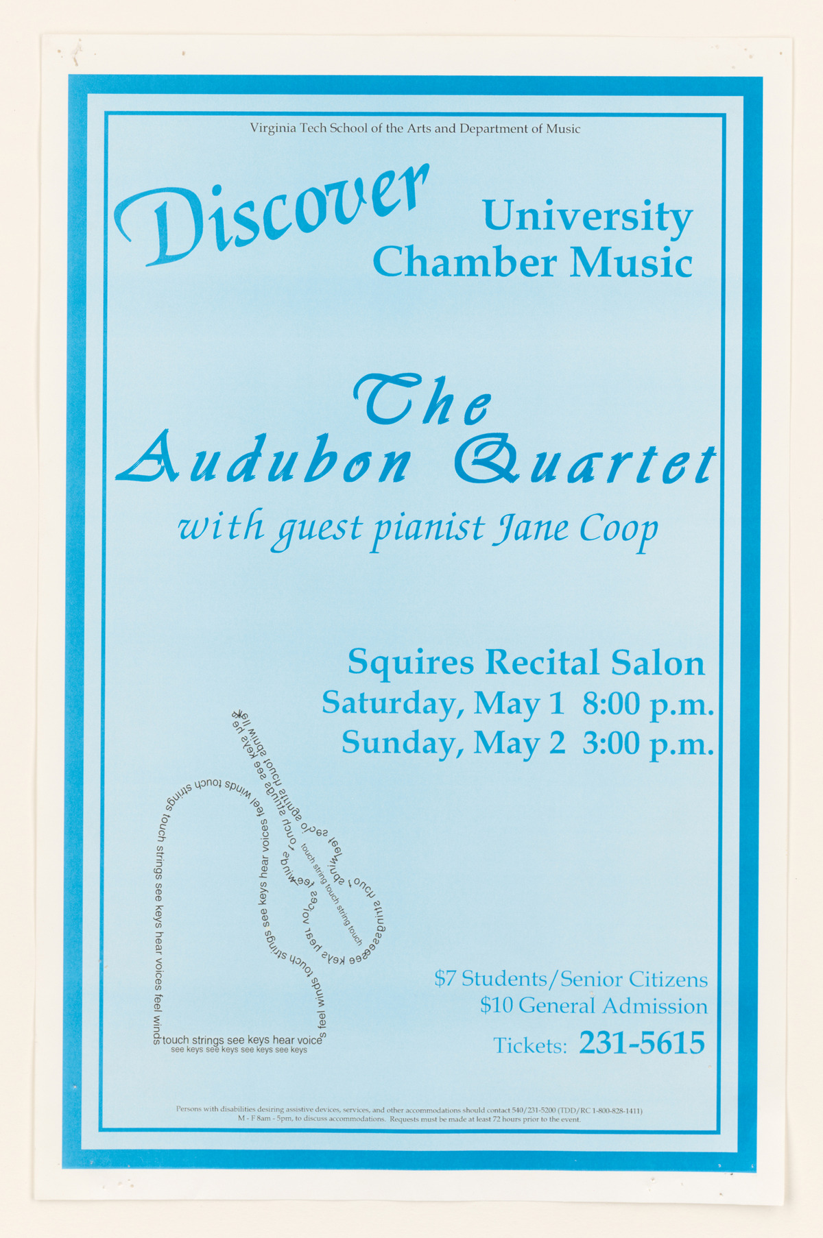 Poster for The Audubon Quartet Recital Salon with guest pianist Jane Coop